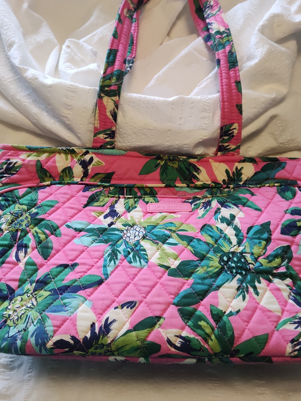 Vera Bradley Pink Quilted Floral Tote with Green Accents